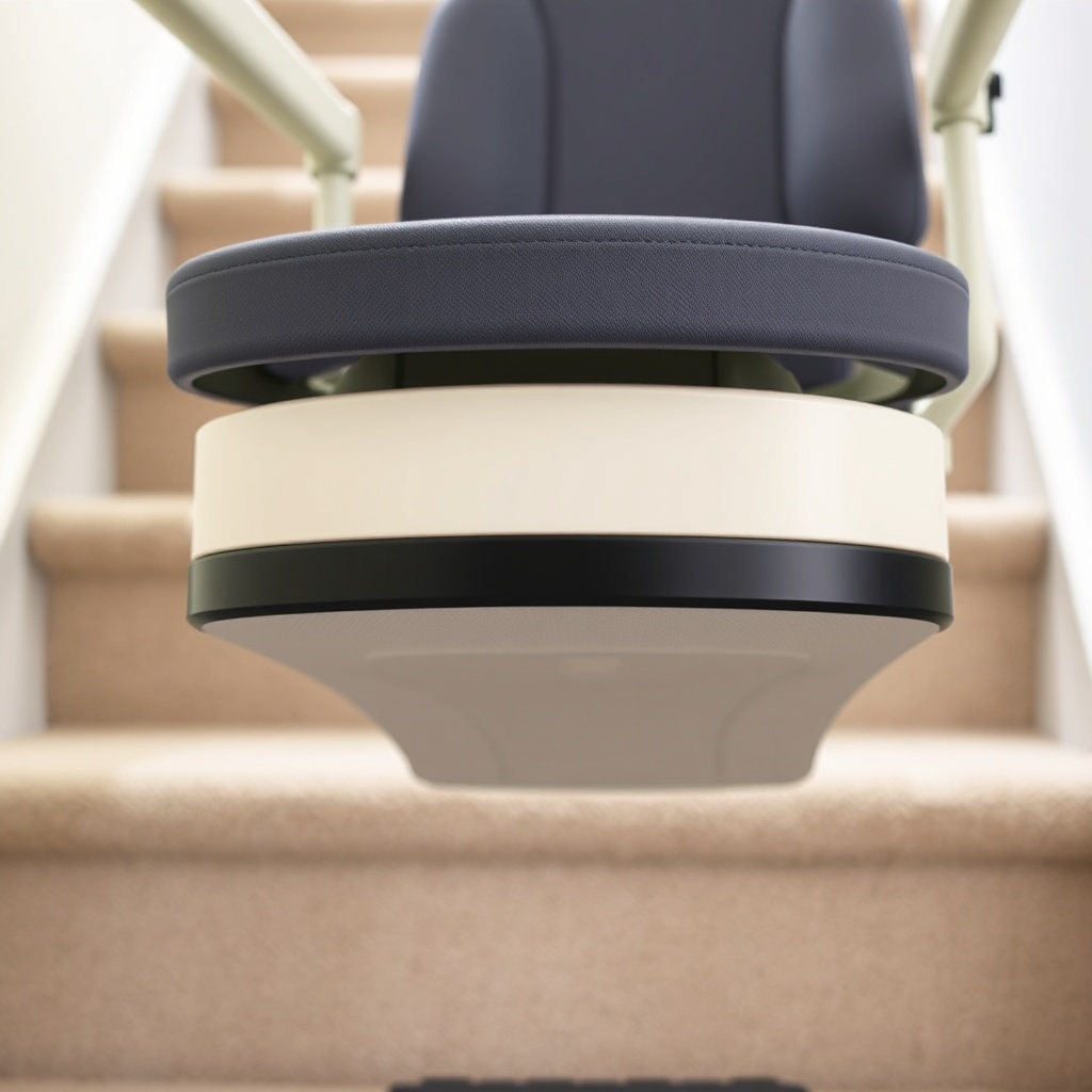 A photorealistic close-up of the Acorn 130 stair lift footrest and seat carriage