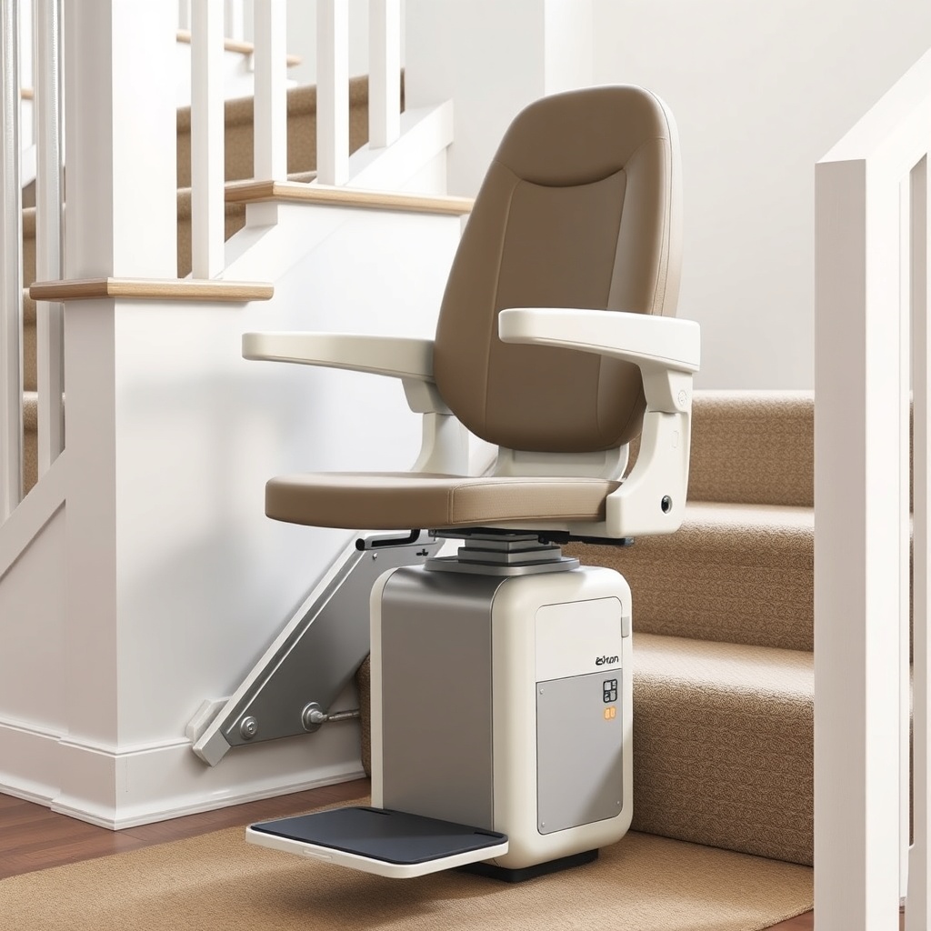 A clean photorealistic photo of a Bruno Elan stair lift seat and the battery pack mounted