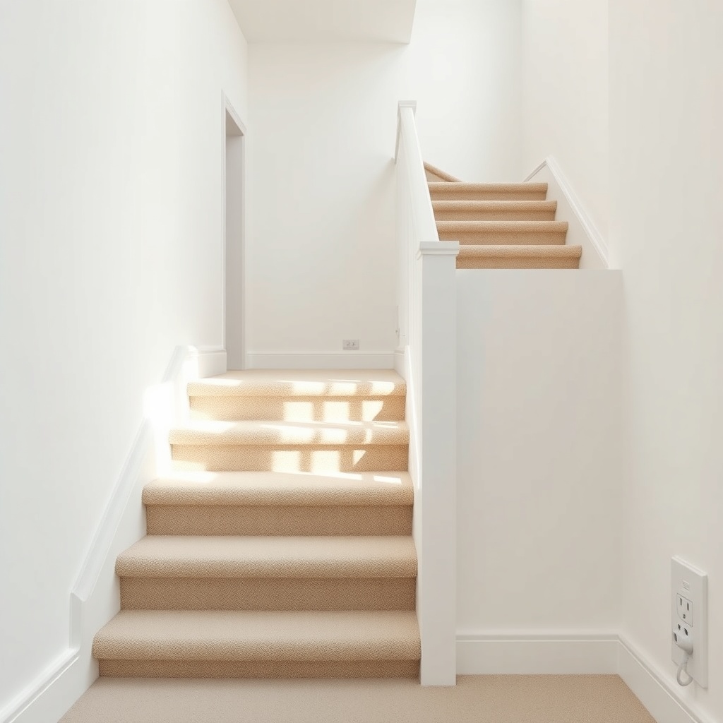 A clean photorealistic shot of an empty modern staircase with a hallway leading to it; no