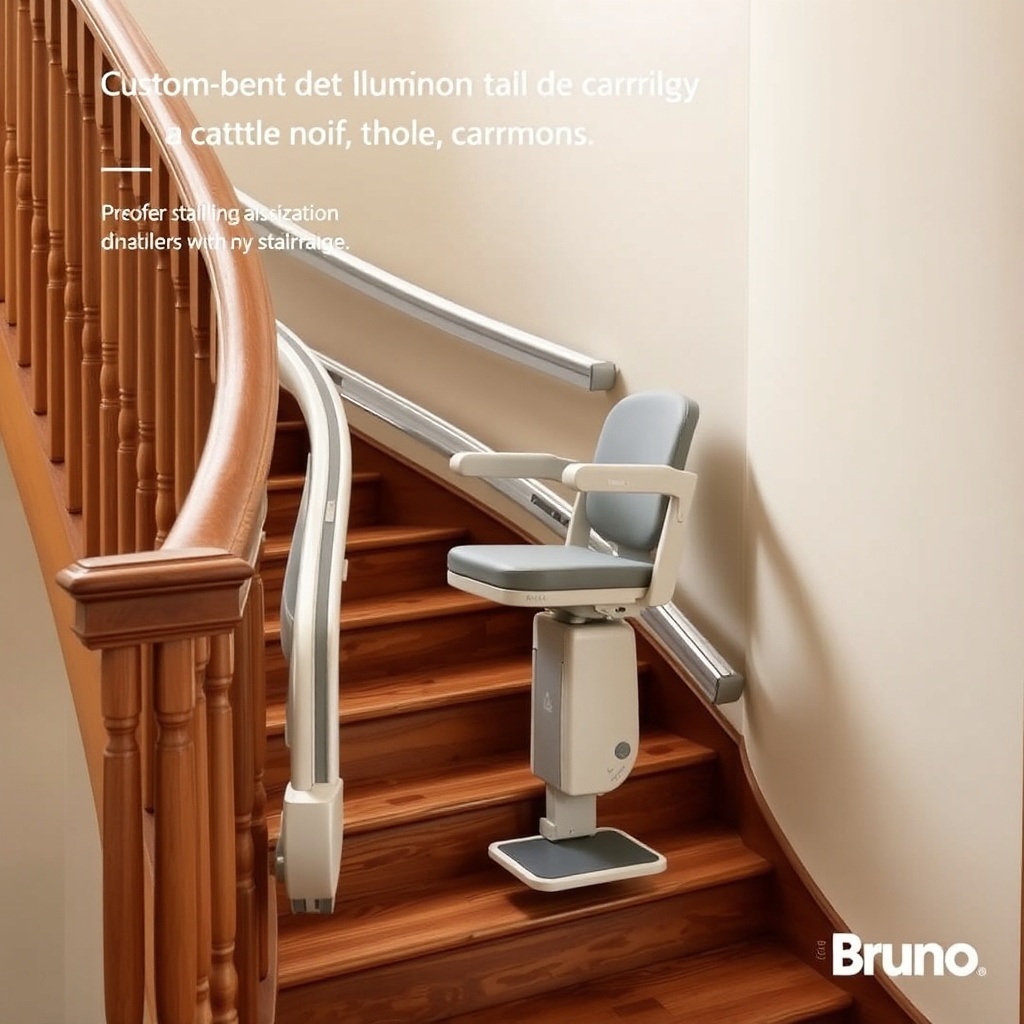 A photorealistic shot of a Bruno Elan stair lift installed on a curved wooden staircase
