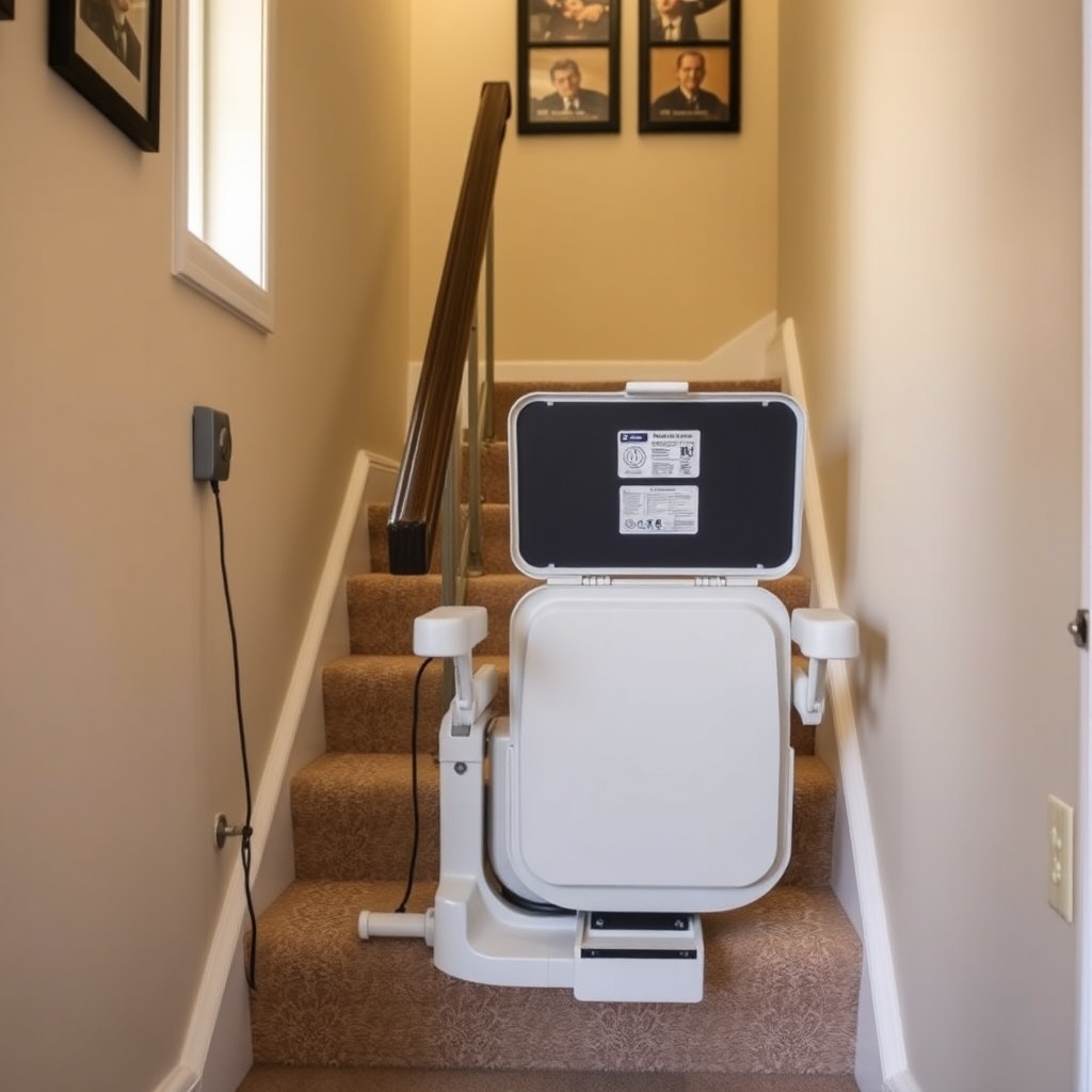 A photorealistic photo of a StairLiftPro 120 stair lift unit in a well-lit residential sta