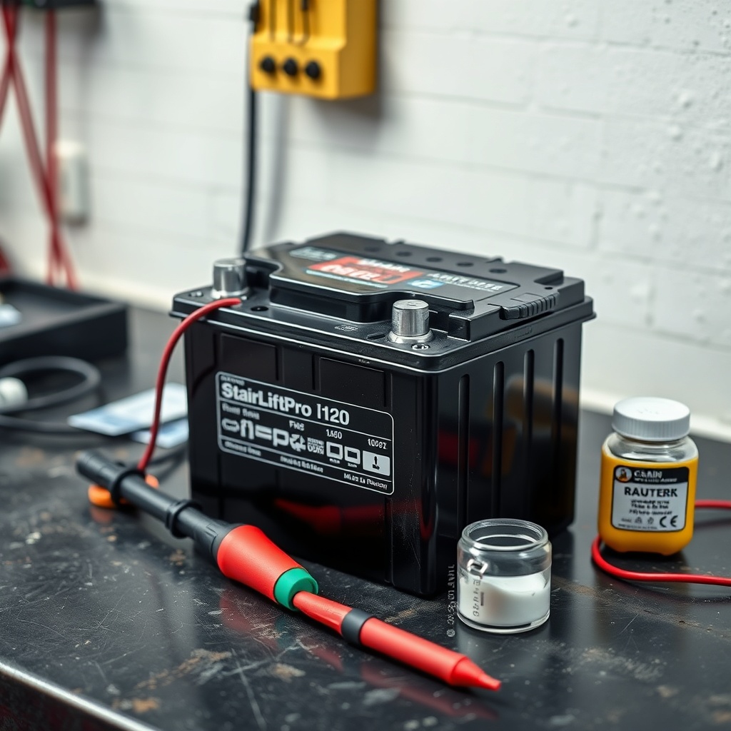 A photorealistic close-up photo of a StairLiftPro 120 battery pack sitting on a workbench