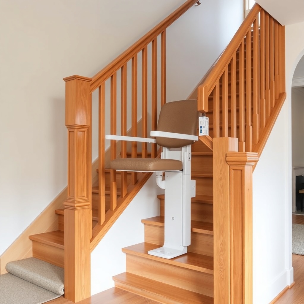 A clean photorealistic photo of a StairLiftPro 120 installed on a straight wooden staircas