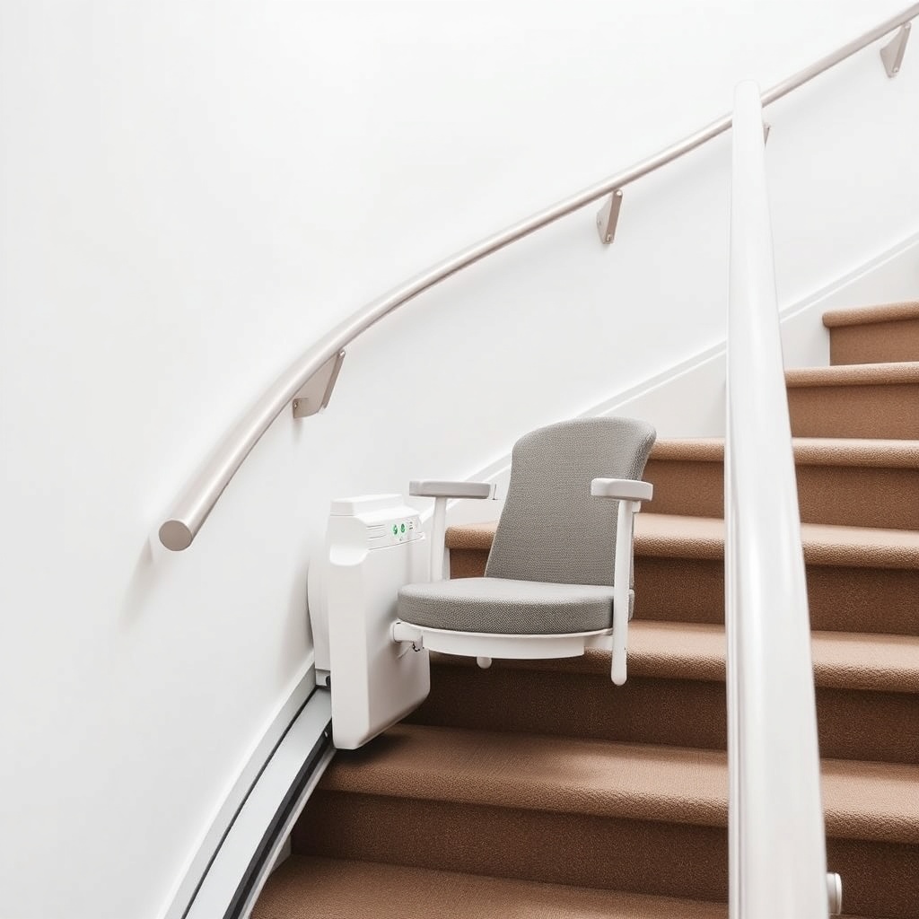 A clean photorealistic photo of a curved StairLiftPro 120 rail installed on a staircase wi
