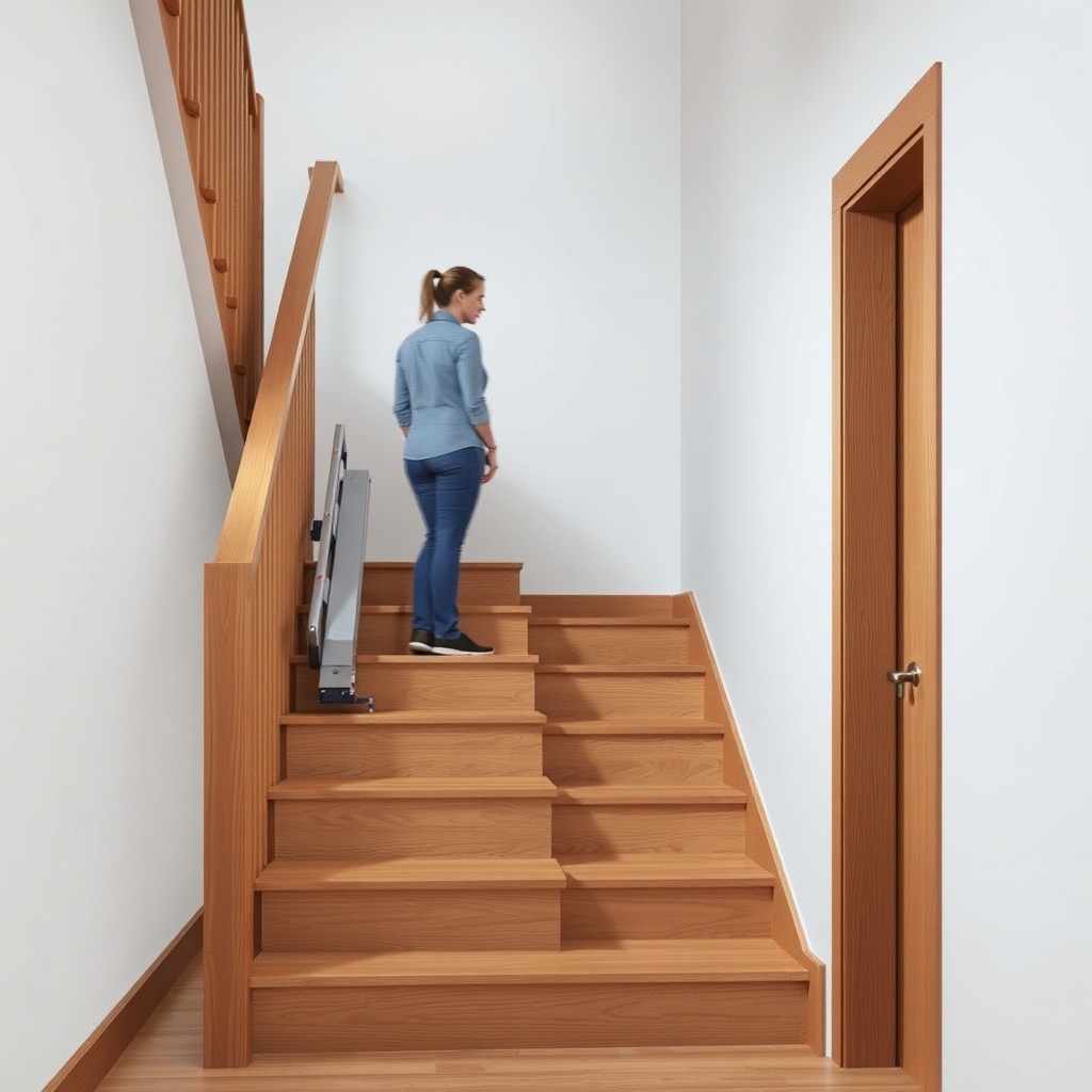 <clean photorealistic photo/illustration of a StairLiftPro 120 installed on a straight woo