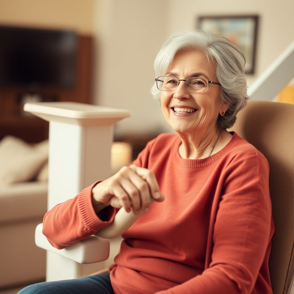A photorealistic close-up photo of a senior woman smiling while seated on a stair lift