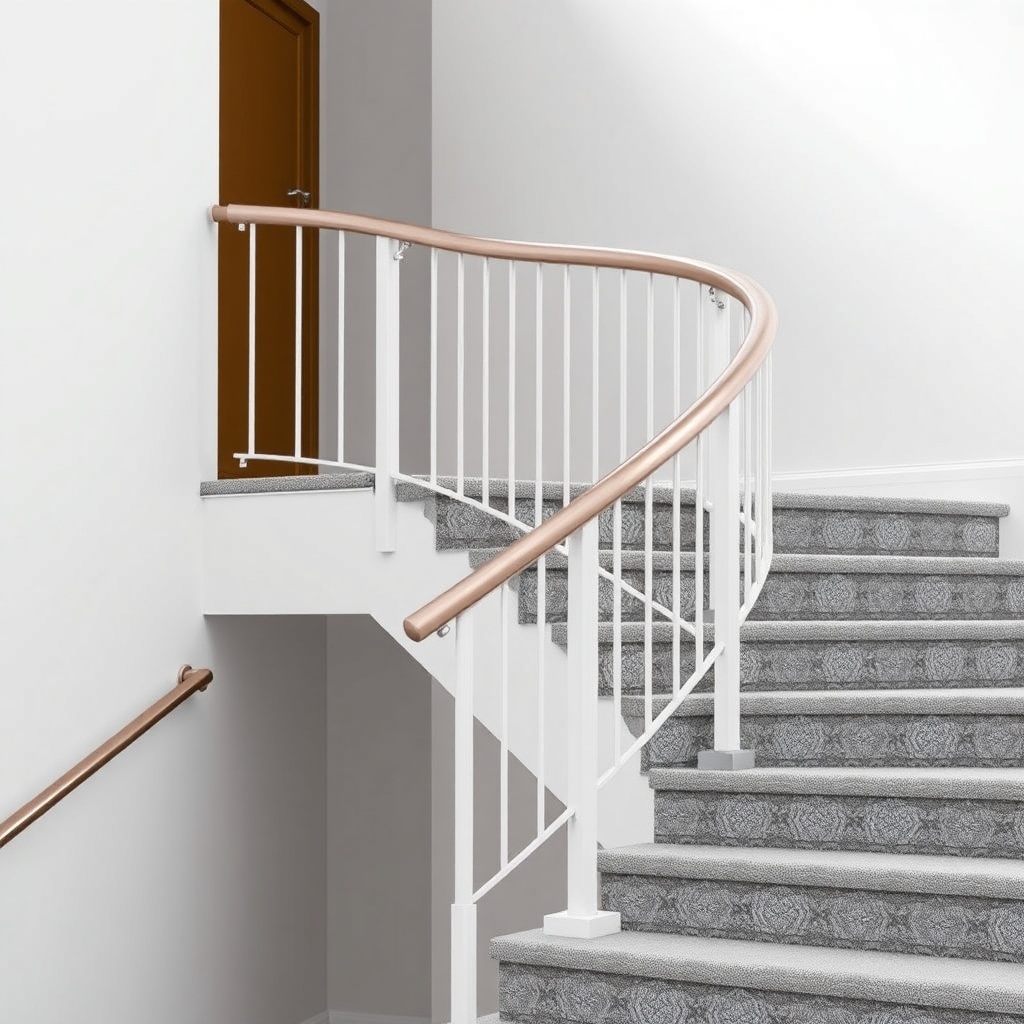 A clean photorealistic photo of a curved rail StairLiftPro 120 installed on a U-shaped sta