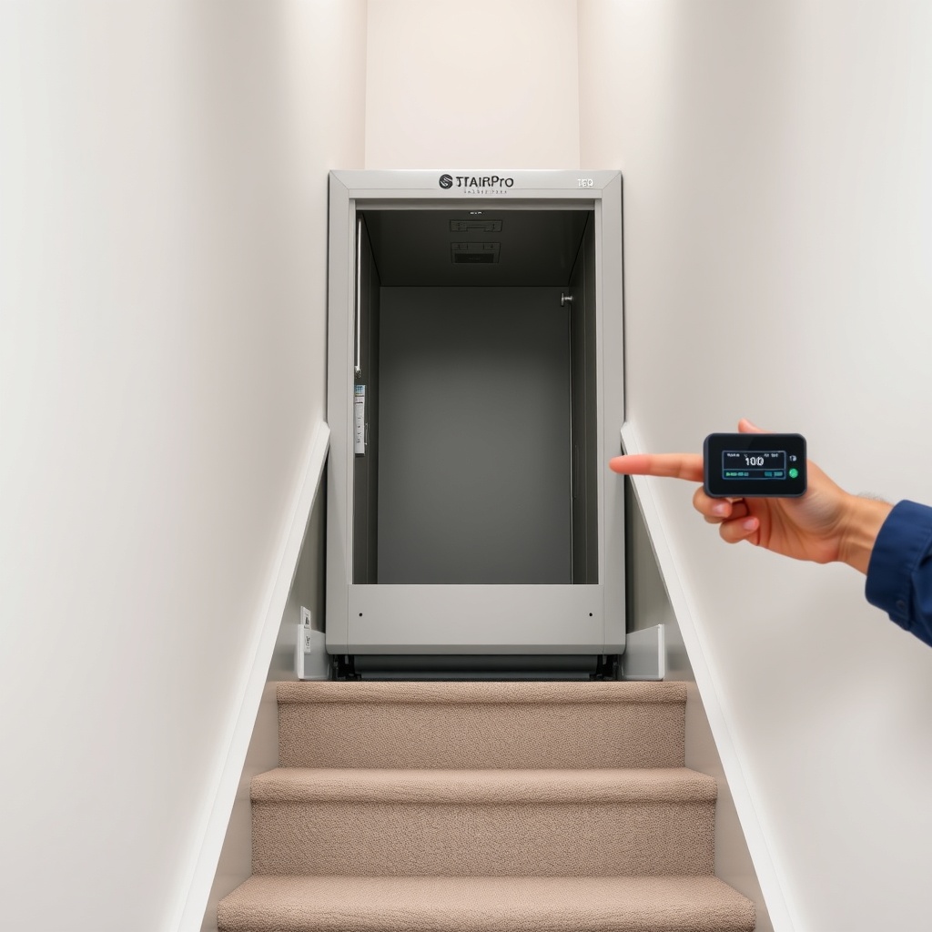 A clean photorealistic photo showing the StairLiftPro 120 unit on a straight staircase