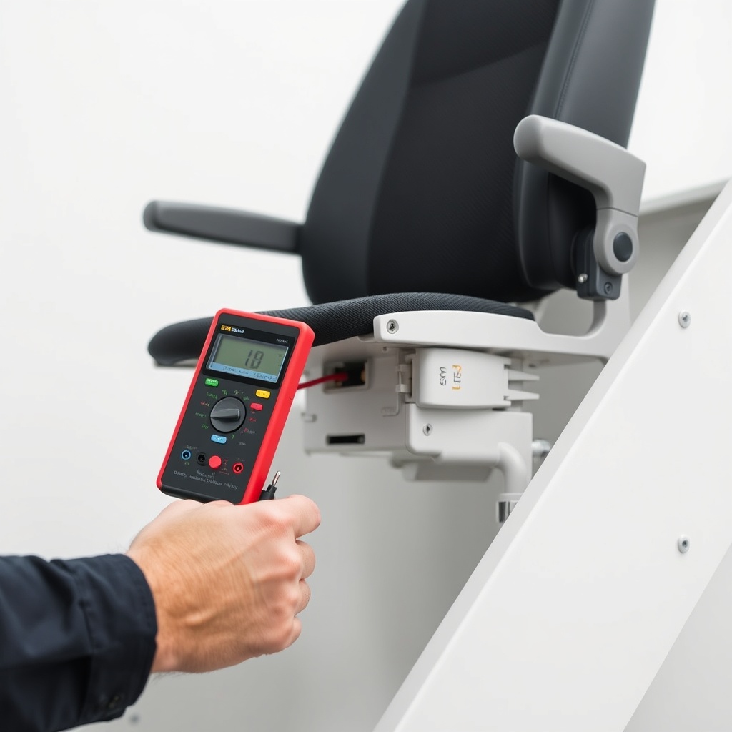 A clean photorealistic photo showing a close-up of the StairLiftPro 120 seat rotation mech