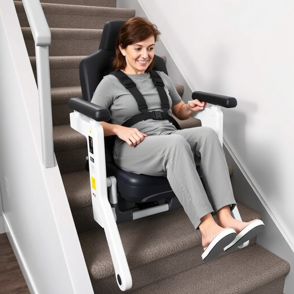 <A photorealistic photo showing a user seated in the StairLiftPro 120 with five-point harn