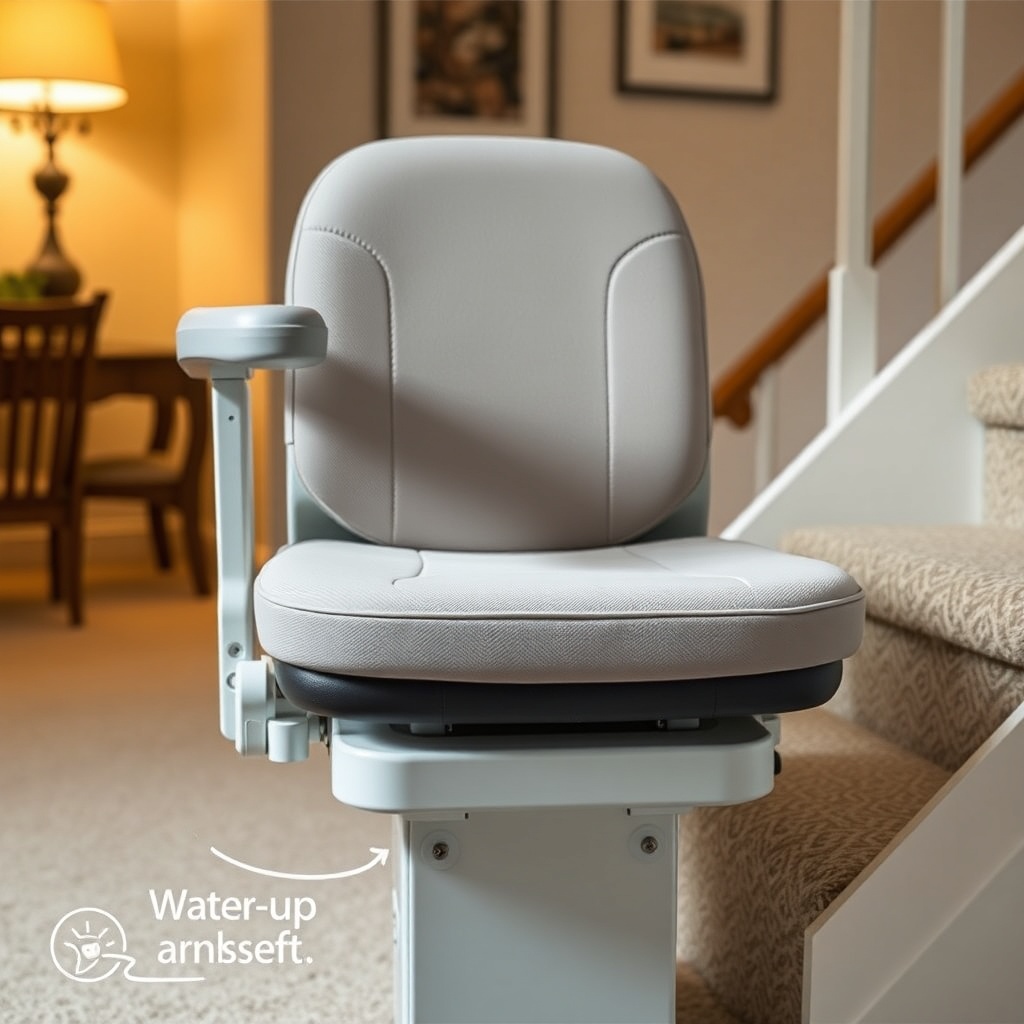 A photorealistic side-angle photo of a StairLiftPro 120 seat with the contoured cushion