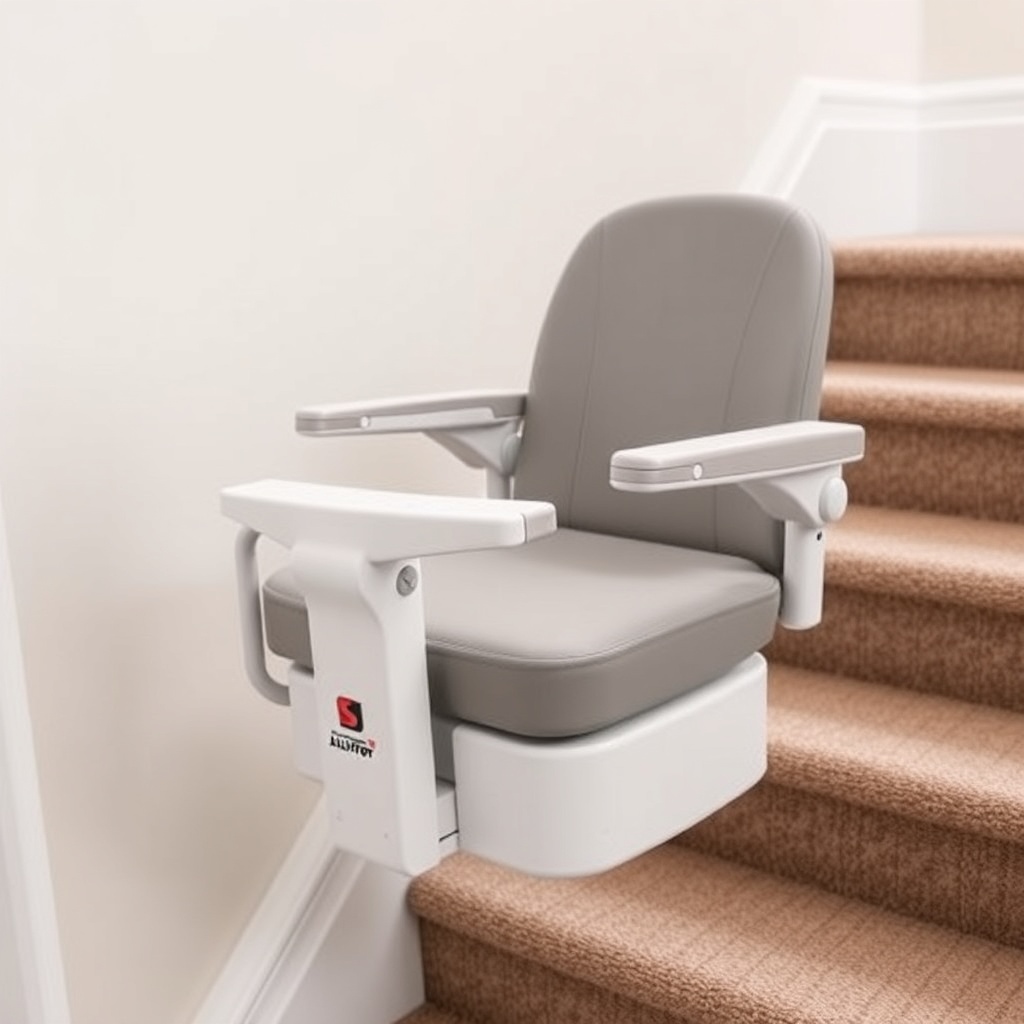 A photorealistic close-up photo of the StairLiftPro 120 seat swivelled to 90 degrees at th