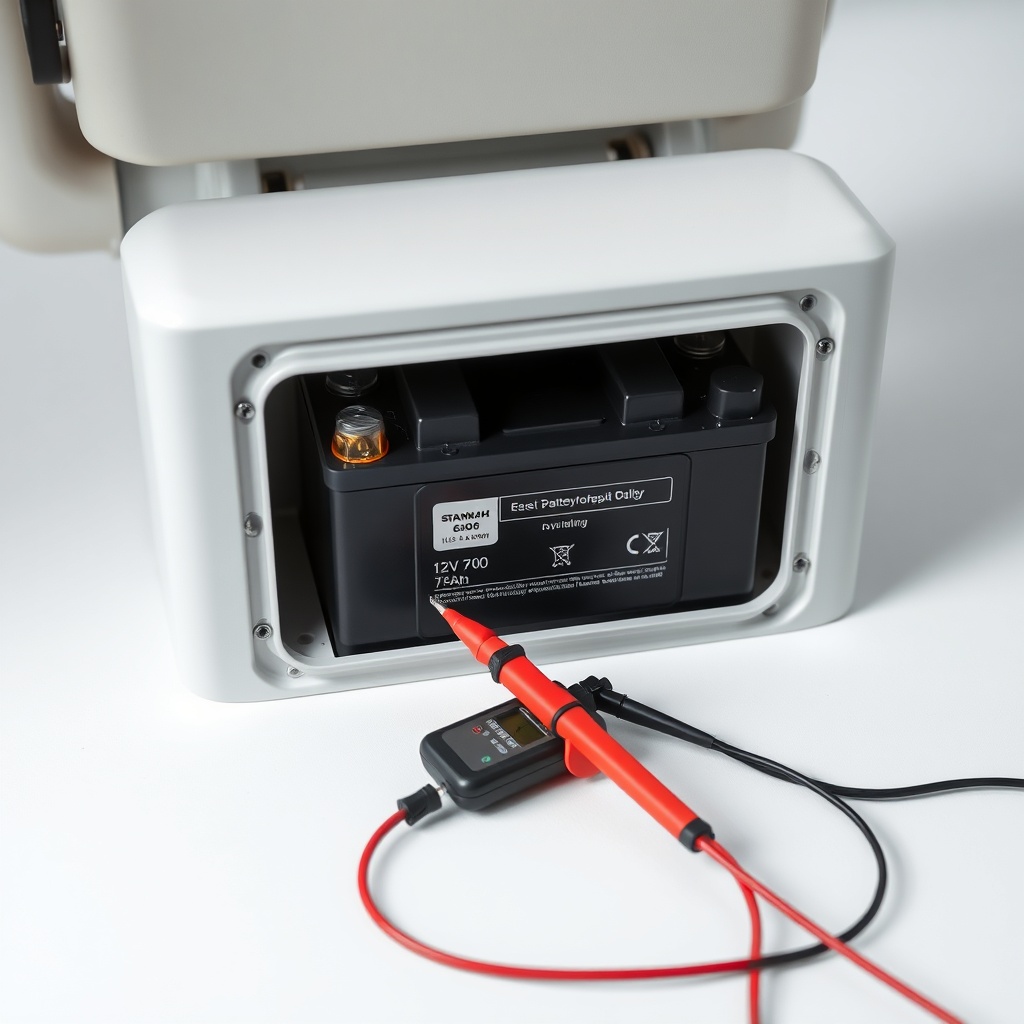 A clean photorealistic photo of a Stannah 600 stair lift battery compartment open