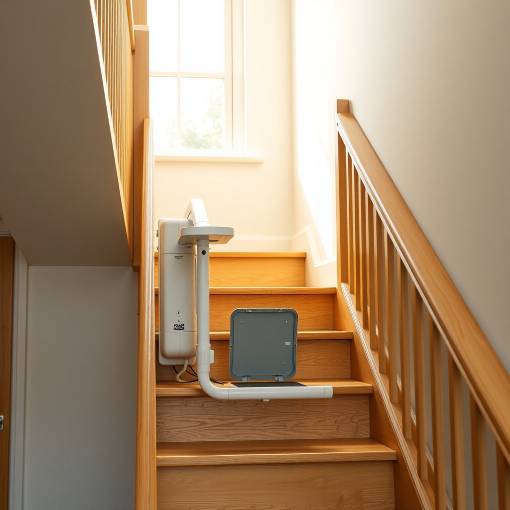 A clean photorealistic photo of a Stannah 600 mounted on a straight wooden staircase