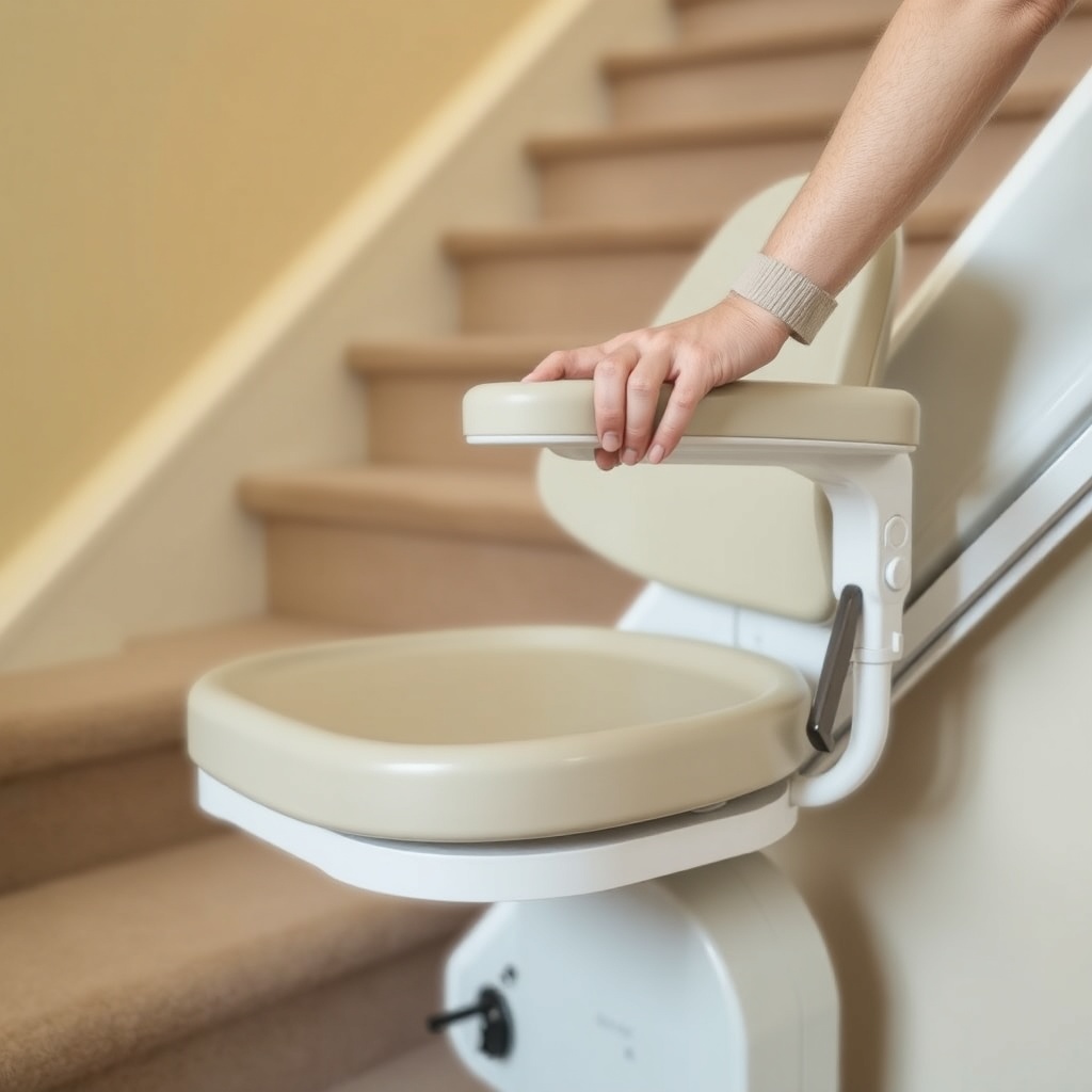 A photorealistic photo of a Stannah 600 stair lift seat swiveled at the top of a staircase