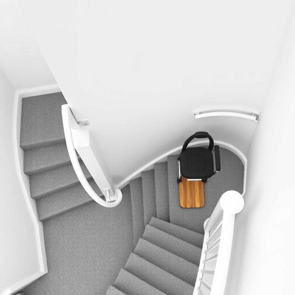 A photorealistic overhead photo of a Stannah 600 curved track installation showing the rai