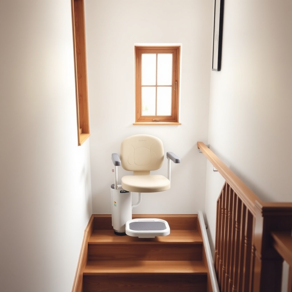A clean photorealistic photo of the Stannah 600 stair lift ascending a straight wooden sta
