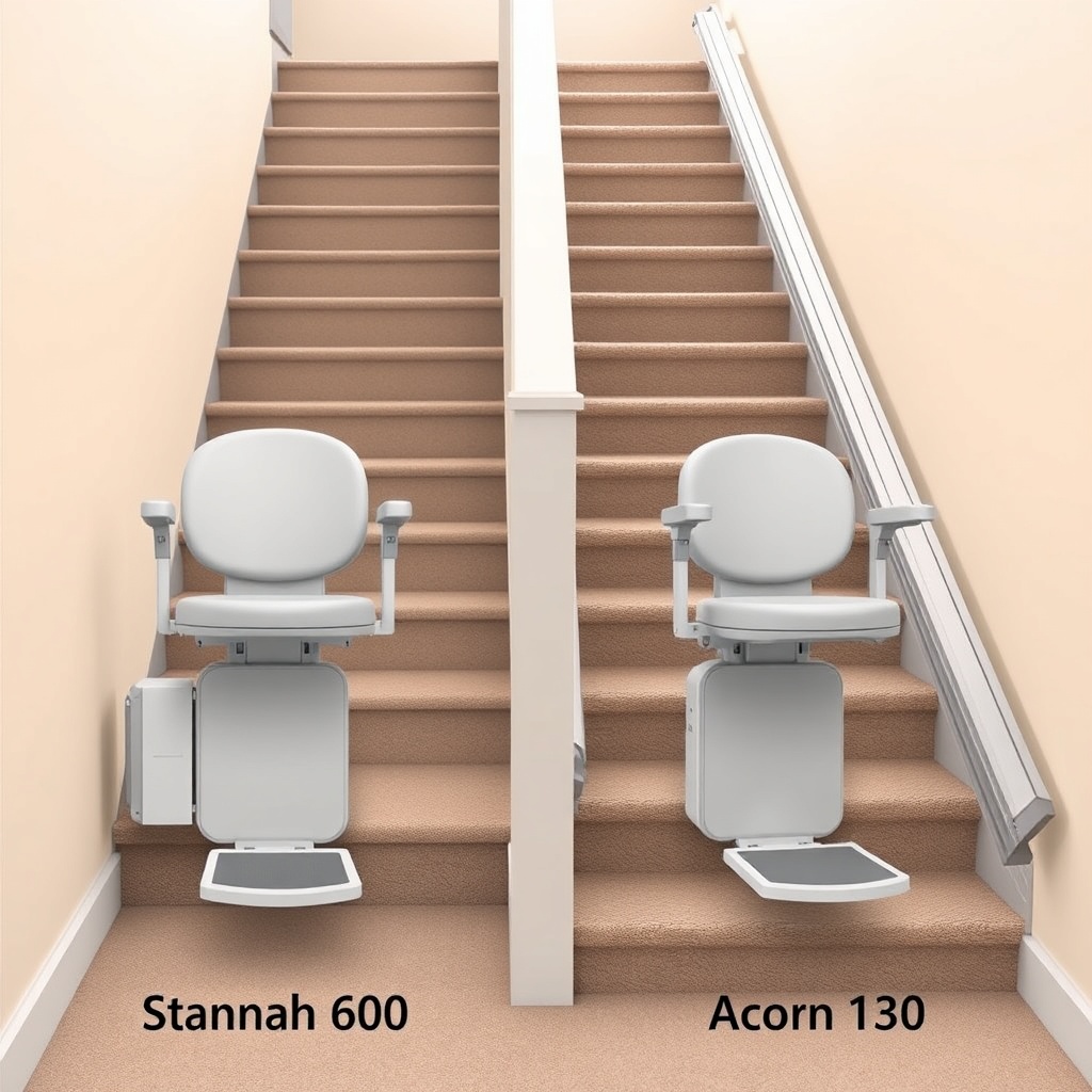 A simple photorealistic illustration showing two stair lifts side by side on a generic str